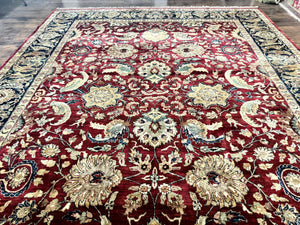 Indo Persian Rug 10x14, Indian Agra Carpet, Vintage Handmade Wool Large Traditional Rug, Dark Red Navy Blue Beige