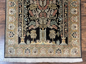 Wonderful Sino Persian Silk Rug 4x6, Tree of LIfe Design, Masterpiece 575 KPSI, Birds, Prayer Rug, Black, Silk on Silk