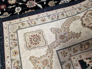 8' 5" X 11' 6" Vintage Handmade Oriental Floral Wool Rug Silk Accent Black Nice