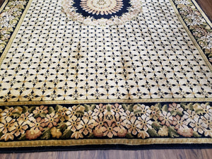Indian Rug with Tibetan Weave, 6x8 - 6x9 Rugs, Indo-Tibetan Rug, Black and Cream Beige Tan, Floral Border, Soft Rug, Handmade Area Rug, Wool