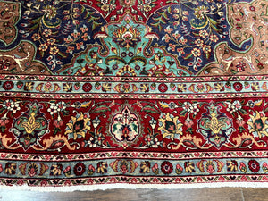 Wonderful Persian Tabriz Rug 10x14, Antique Persian Carpet, Handmade Wool Rug, Floral Medallion, Red Navy Blue, Colorful, Large Persian Area Rug