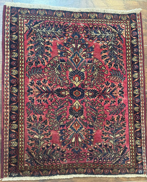 Small Antique Persian Sarouk Rug 2x2 ft, Red 1920s Wool Rug