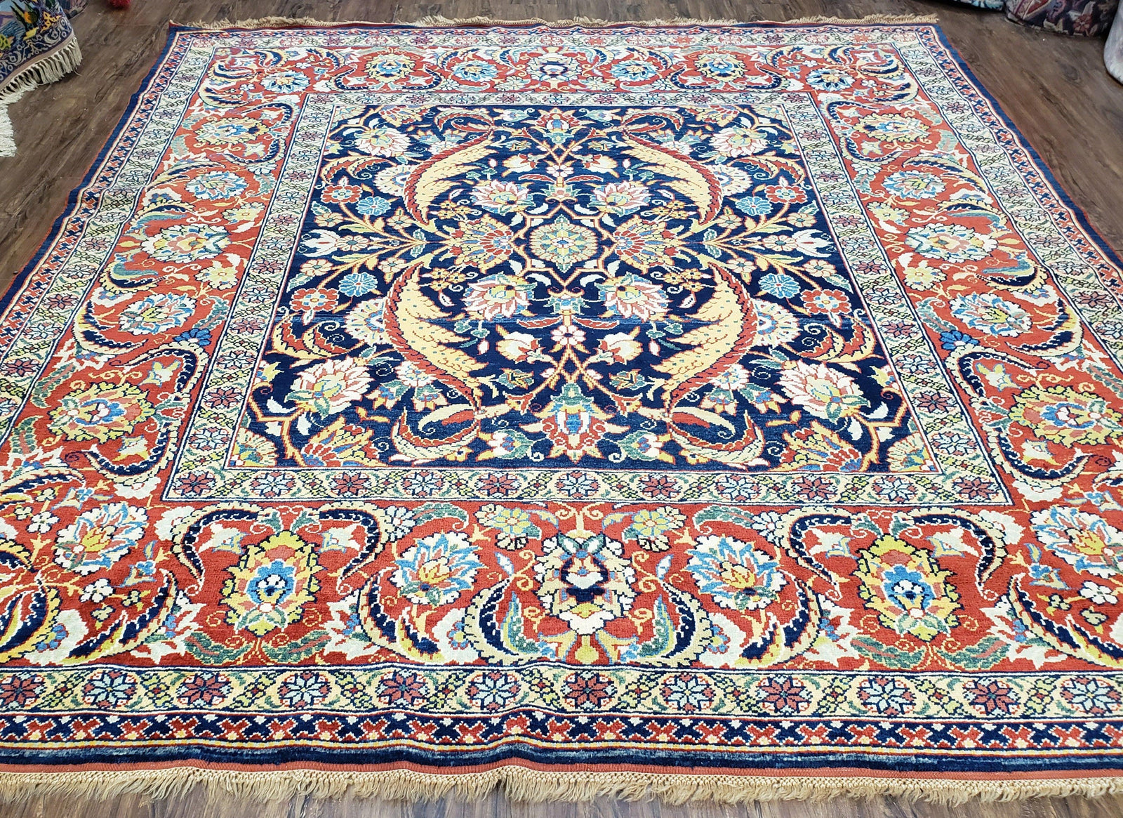 Square Turkish Mahal Rug 8 x 8.5, Colorful Square Carpet, Large 8ft Square Rug, Blue Red Yellow, Handmade Wool, Vintage, Large Flowers, Nice
