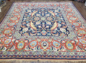 Square Turkish Mahal Rug 8 x 8.5, Colorful Square Carpet, Large 8ft Square Rug, Blue Red Yellow, Handmade Wool, Vintage, Large Flowers, Nice