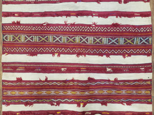 Antique Turkoman Yamud Rug 3x5 ft, 1920s Turkmen Sofreh Table Cover, Bohemian Rug, Tribal Collectible, Striped Rug, Handmade Ivory and Red