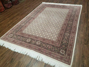 Vintage Persian Tabriz Rug 5x7, Beige and Green, Hand Knotted Handmade Wool Oriental Carpet 5 x 7 ft, Allover Pattern, Traditional Rug, Medium Size