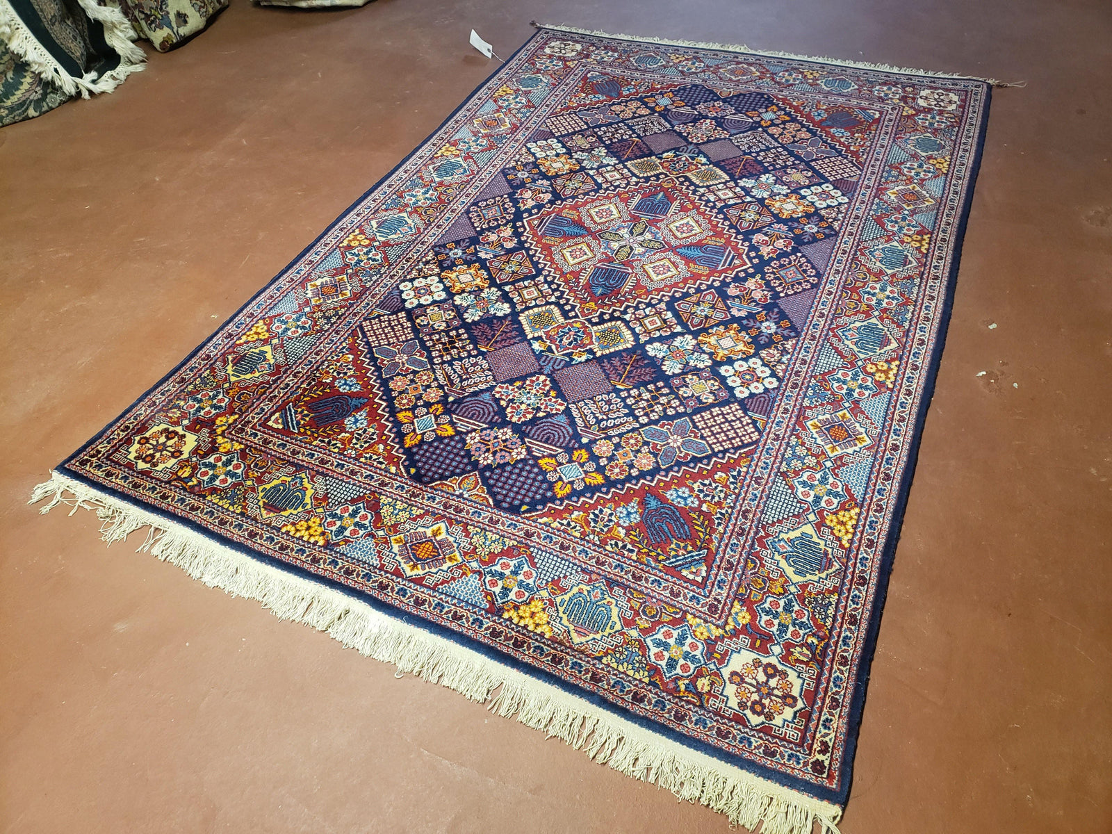 Wonderful Persian Kashan Rug 5x7, Dark Blue and Multicolor Panel Design, Wool Vintage Hand Knotted Carpet