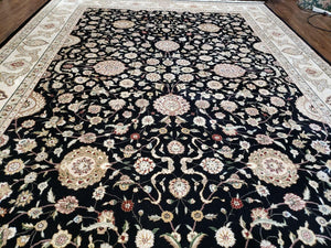 8' 5" X 11' 6" Vintage Handmade Oriental Floral Wool Rug Silk Accent Black Nice