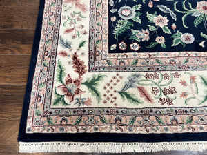 Indo Persian Rug 9x12, Wool Hand Knotted Vintage Carpet, Navy Blue & Ivory, Floral Allover Oriental Rug, 9 x 12 Room Sized Traditional Rug
