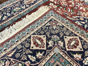 Pak Persian Rug 5x7, Wool Hand Knotted Vintage Carpet, Floral Medallion Rug, Brick Red & Navy Blue, Fine Weave, Medium Sized Rug