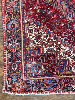 Persian Heriz Rug 9x11 ft, Geometric Rug 9 x 11, Red Room Sized Semi Antique Vintage Wool Hand Knotted Oriental Carpet