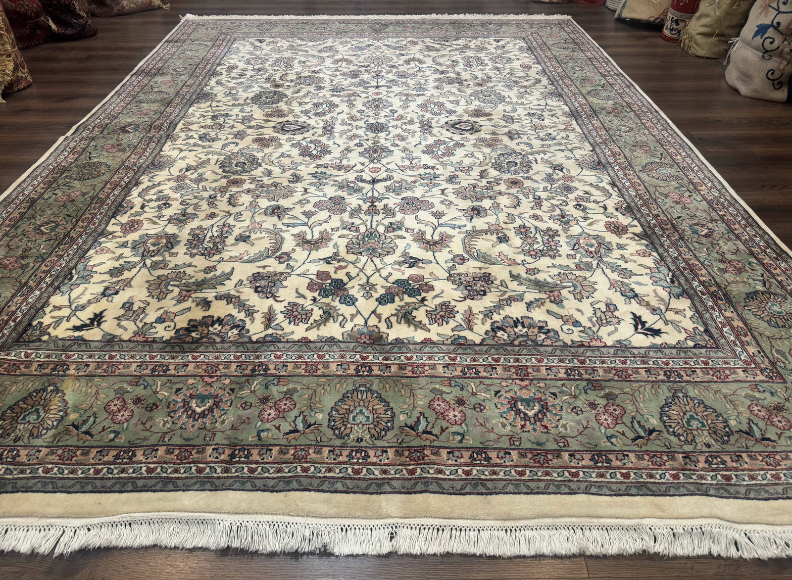 Indo Persian Rug 9x12, Allover Floral Pattern, Ivory & Green, Traditional Oriental Carpet