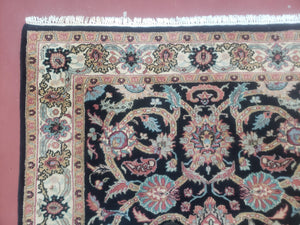 Vintage Indo Persian Mahal Area Rug 4x6, Wool Hand-Knotted Midnight Blue & Ivory Floral Design Indian Carpet, 4 x 6 Traditional Oriental Rug