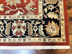 Indian Mahal Rug 8x10, Room Sized Wool Handmade Vintage Carpet, Red and Black, Floral, Flatweave Mahal Sultanabad Rug