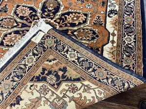 Indo Heriz Rug 6x8, Wool Hand Knotted Vintage Oriental Carpet, Orange-Red Ivory & Navy Blue, Medallion Rug, Handmade Indo Persian Rug