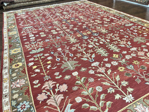 Indian Rug 10x14, Wool Hand Knotted Flatweave Carpet, Tree of Life, Red and Green