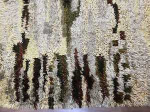 Swedish Rya Shag Rug 5x8, Multicolor Abstract Mid Century Vintage Retro Shag Rug, Soft Fluffy High Pile, Cream Gray Greens, 5 x 8 Shag Rug