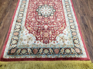 3x5 Silk Hand-Knotted Rug, Silk Oriental Carpet 5 x 3, Red & Ivory, Floral Medallion, Gold Fringes, Semi Antique Vintage Traditional Rug