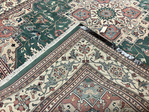 Indo Heriz Rug 9x12, Geometric Oriental Carpet, Room Sized Wool Handmade Hand Knotted Vintage Green and Cream Area Rug, Indian Rug 9 x 12