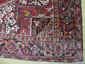 Heriz Rug 9x11, Geometric Persian Carpet Room Sized, Tribal Medallion Rug, Red Ivory Dark Blue Handmade Wool Rug for Living Room Dining Room