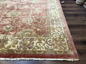 Indian Rug 8x11, Coral and Beige, Floral, Traditional Vintage Wool Carpet