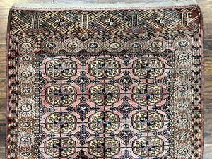 Persian Turkoman Rug 4x6, Wool Hand Knotted Antique Bokhara Carpet, Red Pink, Handmade Tribal Oriental Rug 4 x 6 ft