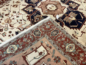Indo Heriz Rug 9x12, Geometric Indo Persian Room Sized Decorative Area Rug 9 x 12 ft, Cream Navy Blue Pink Handmade Vintage Wool Carpet