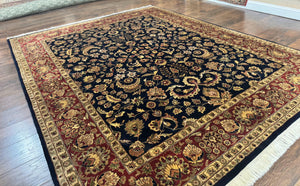 Indo Persian Rug 8x10, Navy Blue and Red, Floral Allover, Hand Knotted Vintage Wool Carpet, Indo Sarouk