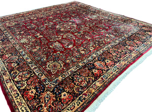 Persian Sarouk Rug 10x10, Square Persian Carpet, Red, Floral, Antique