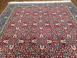 Vintage Turkish Sivas Area Rug 6.5 x 9.5, Wool Hand-Knotted Red & Midnight Blue Allover Floral Pattern Oriental Carpet, 6x9 Traditional Rug
