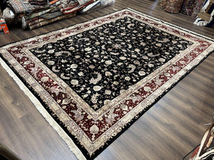 Sino Persian Rug 9x12, High Quality Oriental Carpet, Black and Maroon, Wool and Silk, Allover Floral Pattern, Hand Knotted, Vintage Rug Nice