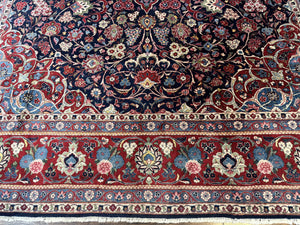Navy Blue Persian Rug 9x12, Antique Persian Carpet, Kork Wool, 200 KPSI, Persian Kashan Rug
