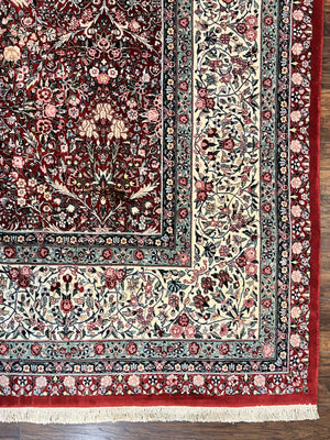 Pak Persian Rug 11x15, Wool & Silk Highlights Hand Knotted Vintage Carpet, Red Cream, Floral Allover, Oversized Kirman Rug