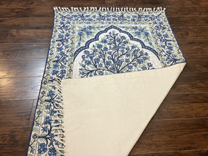 Tree of Life Indian Hand Stitched Rug 4x6, Indian Wall Hanging Rug, Ivory Blue, Silk on Cotton, Vintage