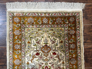 Silk Turkish Hereke Rug 2x3, Birds Lantern Very Fine 400 KPSI, Signed by Masterweaver, Wonderful, Rare, Small Hereke Rug
