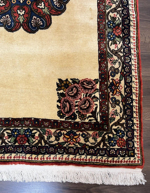 Persian Bidjar Rug 3x5, Open Field Medallion, Hand Knotted, Ivory/Cream Red Blue, Wool Oriental Bijar Carpet, 3 x 5 Vintage Area Rug, Floral Roses, Fine