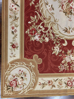 Aubusson Needlepoint Rug 5x8, Red Ivory Tan, Vintage Needlepoint Carpet 5 x 8 ft, Handmade Hand woven Wool, French European, Medium Size Rug