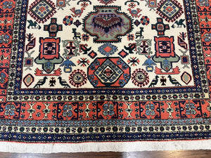 Persian Tribal Rug 8x11, Persian Ardabil Rug, Geometric Medallion Animal Pictorial Rug, Ivory Red Blue, Hand Knotted Vintage Wool Carpet