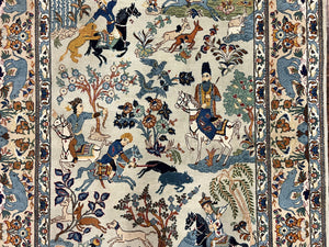 Persian Kashan Pictorial Rug 4.6 x 7, Hunting Scene, Signed by Masterweaver, Animal Pictorials, Rare, Handmade, Wool, Vintage, Very Fine