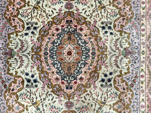 Wonderful Persian Tabriz Rug 7x10, Very Fine 330 KPSI, Light Green Light Blue Pink, Kork Wool Silk Foundation, Bird Pictorials