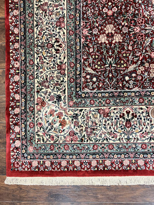 Pak Persian Rug 11x15, Wool & Silk Highlights Hand Knotted Vintage Carpet, Red Cream, Floral Allover, Oversized Kirman Rug