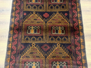 Afghan Rug 3x7, Navy Blue, Tribal Rug, Balouch Carpet, New