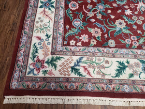 Indo Persian Rug 7.9 x 9.9 ft, Room Sized Indian Carpet, Wool Handmade Vintage Rug, Allover Floral Rug, Traditional Rug, Red Ivory Blue 8x10