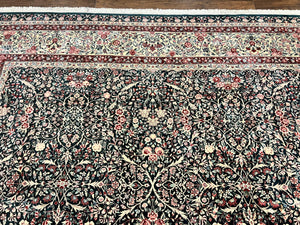 Large Sino Persian Rug 10x14, Wool Hand Knotted Vintage Carpet, Dark Green & Beige, Kirman Floral Rug, Fine Weave, Traditional, Large