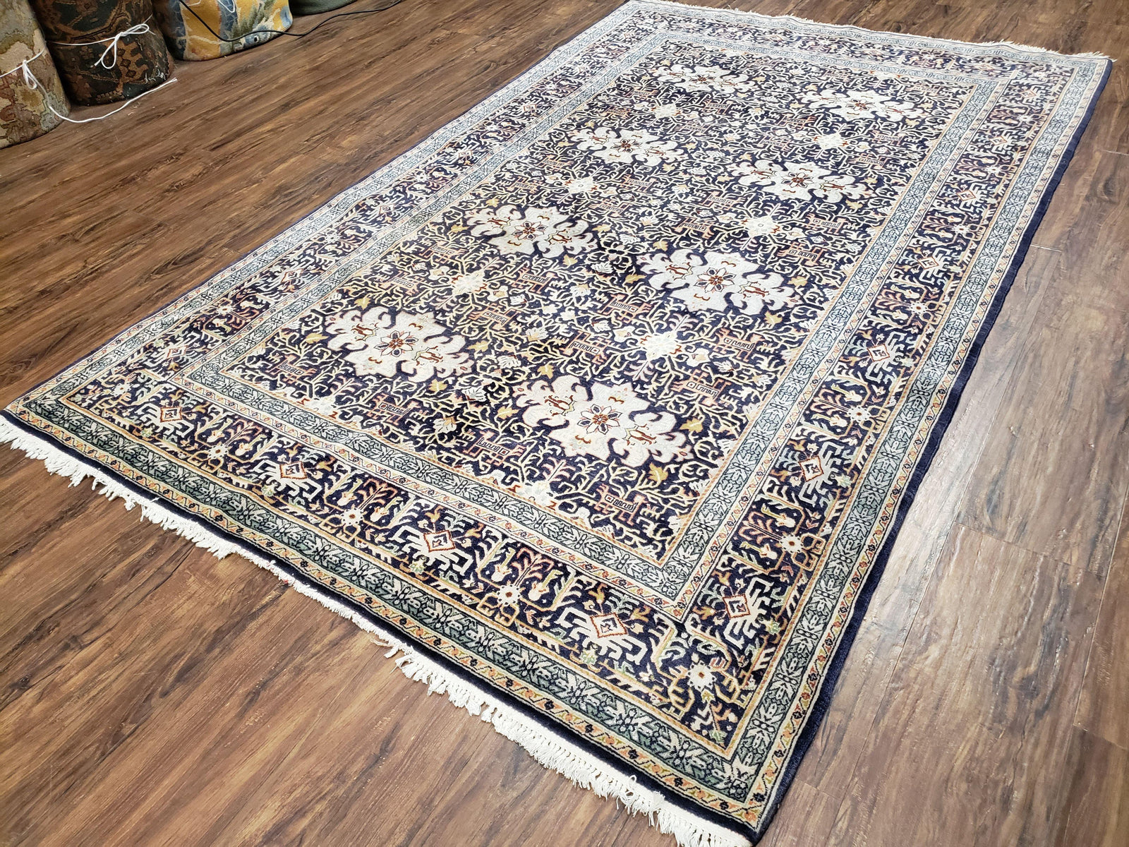 Navy Blue Persian Kashan Rug, Hand-Knotted, Wool, 4' 8" x 7' 4", Pair B