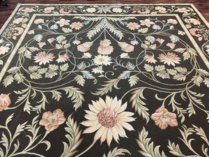 Large Needlepoint Rug 11x16, Dark Green Floral Elegant European Design Vintage Wool Handmade Carpet, Palace Size Rug