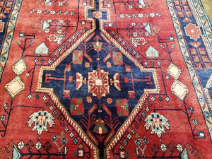Antique Persian Zanjan Nahavand Heriz Rug, Red & Blue, Hand-Knotted, 5' x 9' 7"