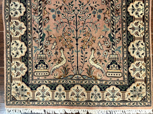 Small Tree of Life Prayer Rug, Pak Persian Rug 2.7 x 4, , Birds, Lantern, Handmade Vintage Fine 260 KPSI