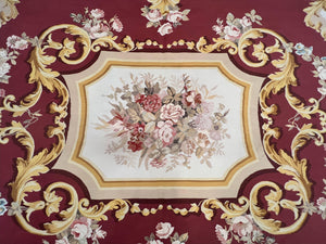 Aubusson Rug 9x12, Red Ivory Gold Tan, Handmade Hand Woven Aubusson Savonnerie Carpet, Vintage Flatweave Room Sized Aubusson Area Rug 9 x 12