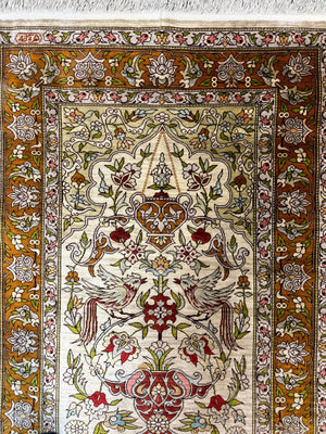 Silk Turkish Hereke Rug 2x3, Birds Lantern Very Fine 400 KPSI, Signed by Masterweaver, Wonderful, Rare, Small Hereke Rug
